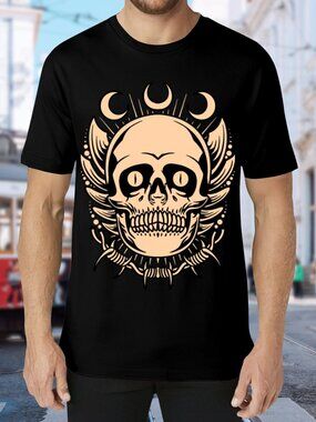 Black Skull Graphic Tee with Crescent Moon Motif